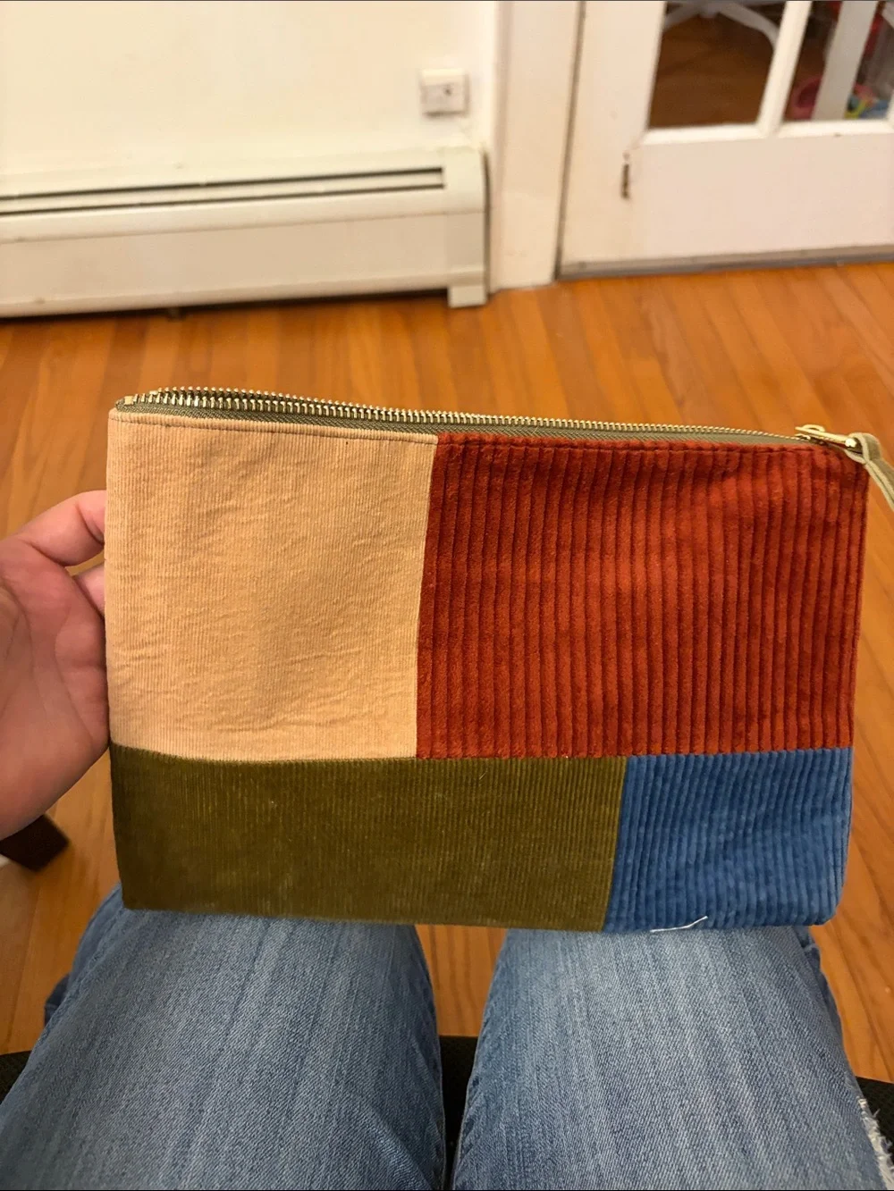Three availableMulticolor Corduroy Patchwork Wristlet Clutch — Blue, Olive, Rust